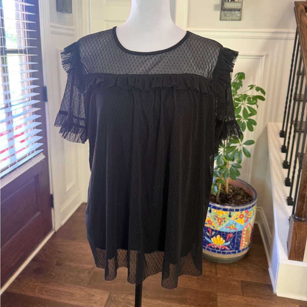 Milan Kiss NWOT Elegant Swiss Dot Black Ruffle Top